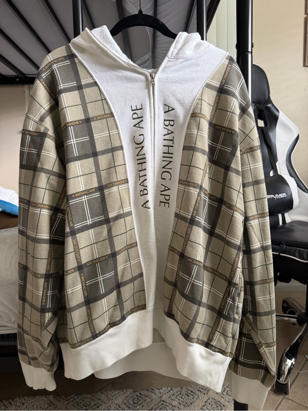 Bape Plaid Zip Hoodie in Beige, White, Brown